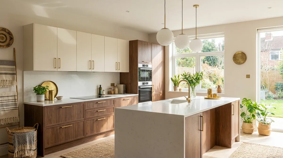 Modular kitchen with wood base units, light wall units and a central island